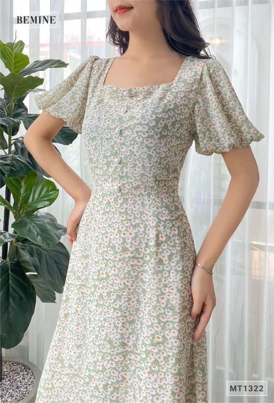 MT1322XANH - Đầm bông cổ vuông đính châu