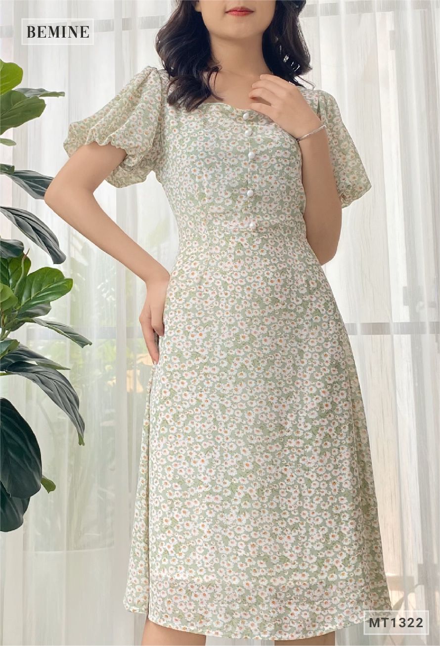 MT1322XANH - Đầm bông cổ vuông đính châu