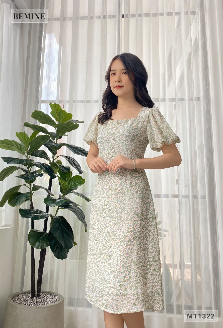 MT1322XANH - Đầm bông cổ vuông đính châu