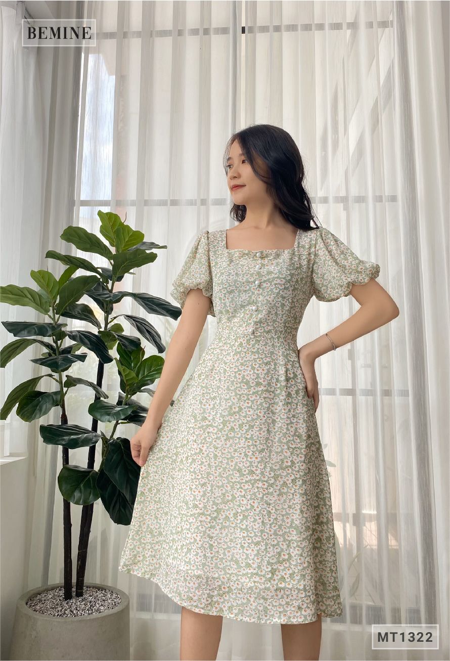 MT1322XANH - Đầm bông cổ vuông đính châu