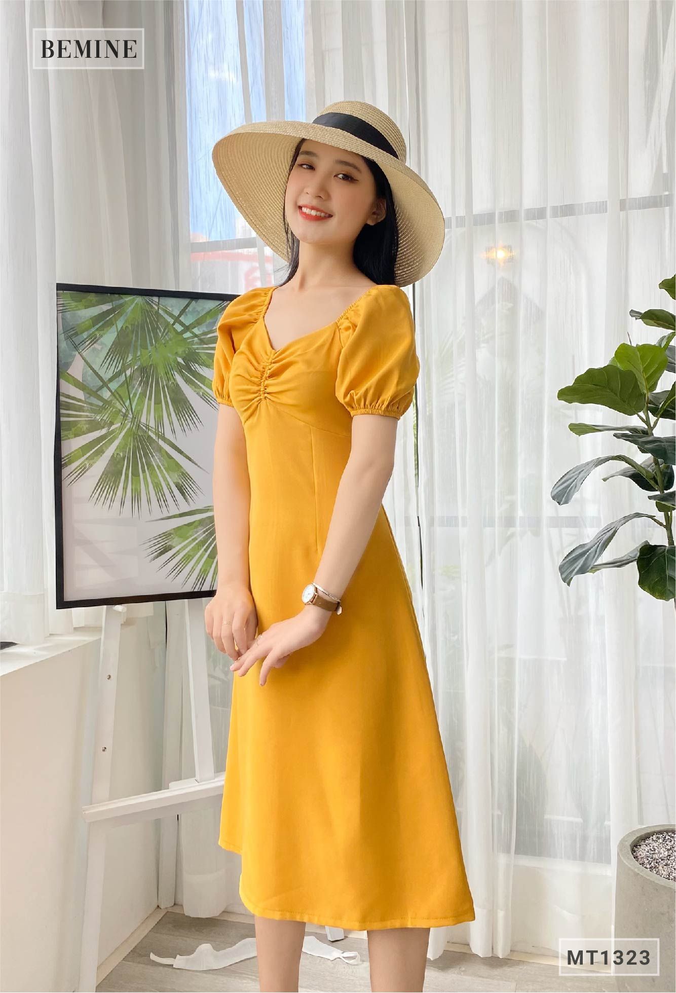 MT1323VANG - Đầm tay phồng nhún ngực