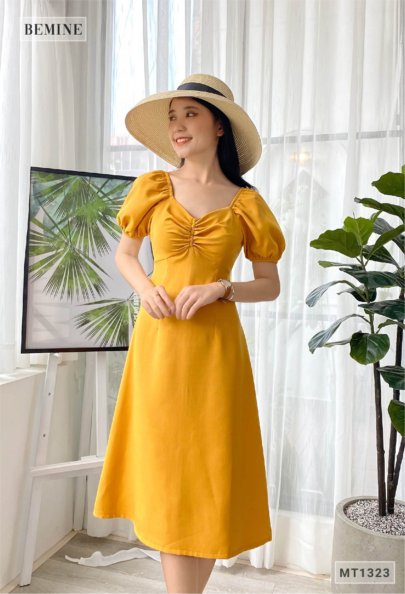 MT1323VANG - Đầm tay phồng nhún ngực