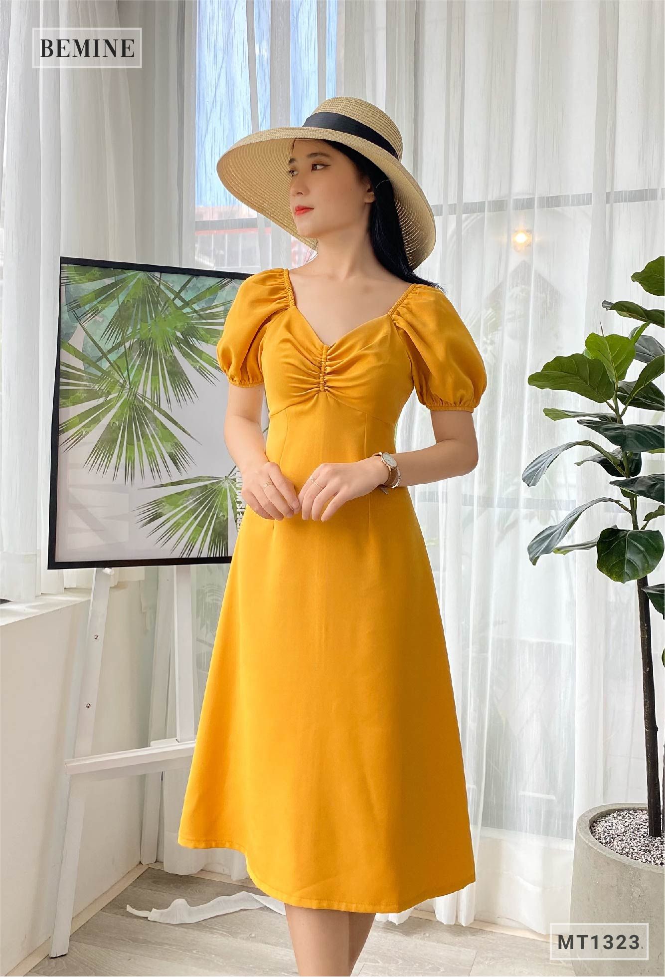 MT1323VANG - Đầm tay phồng nhún ngực