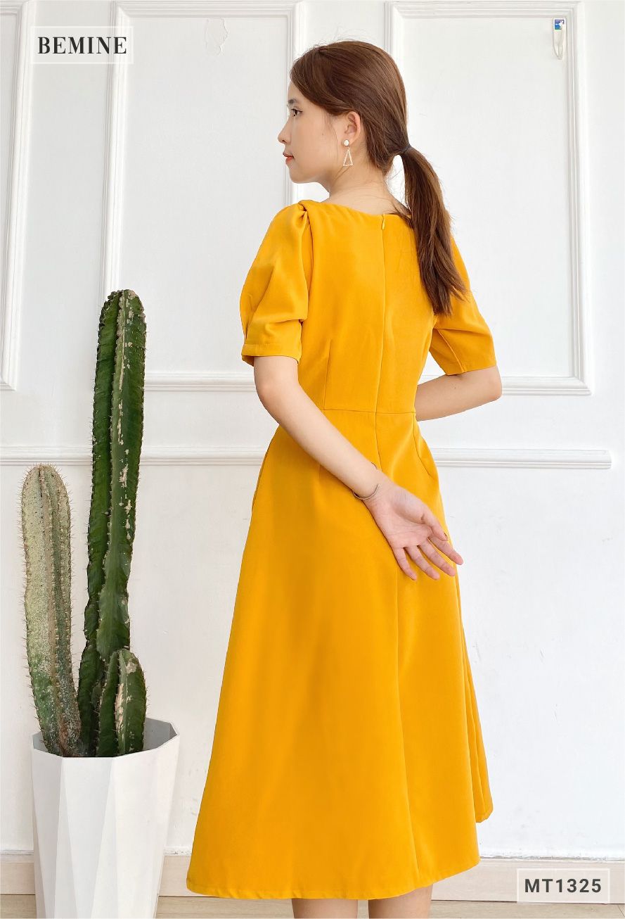 MT1325VANG - Đầm tay phồng nơ cổ