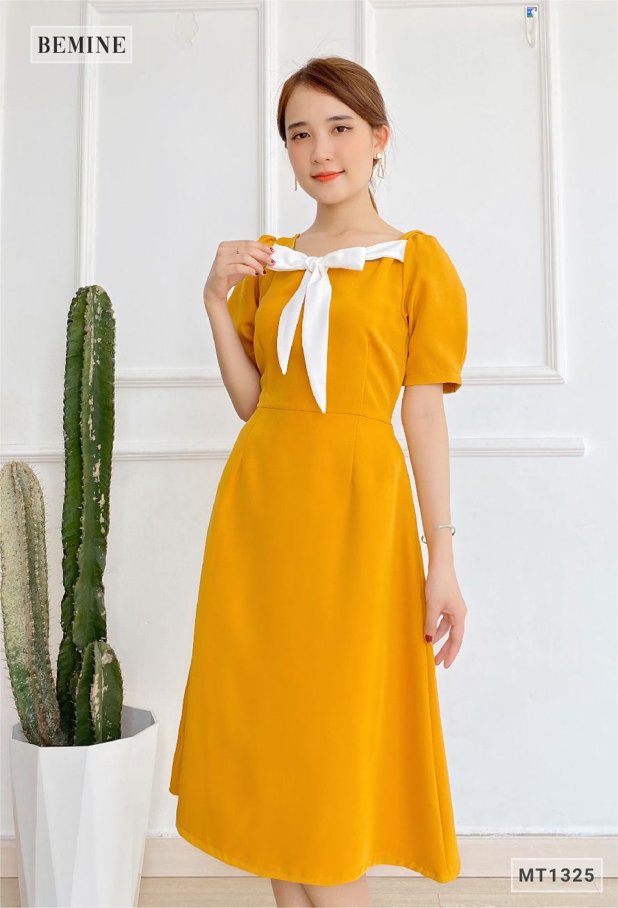 MT1325VANG - Đầm tay phồng nơ cổ