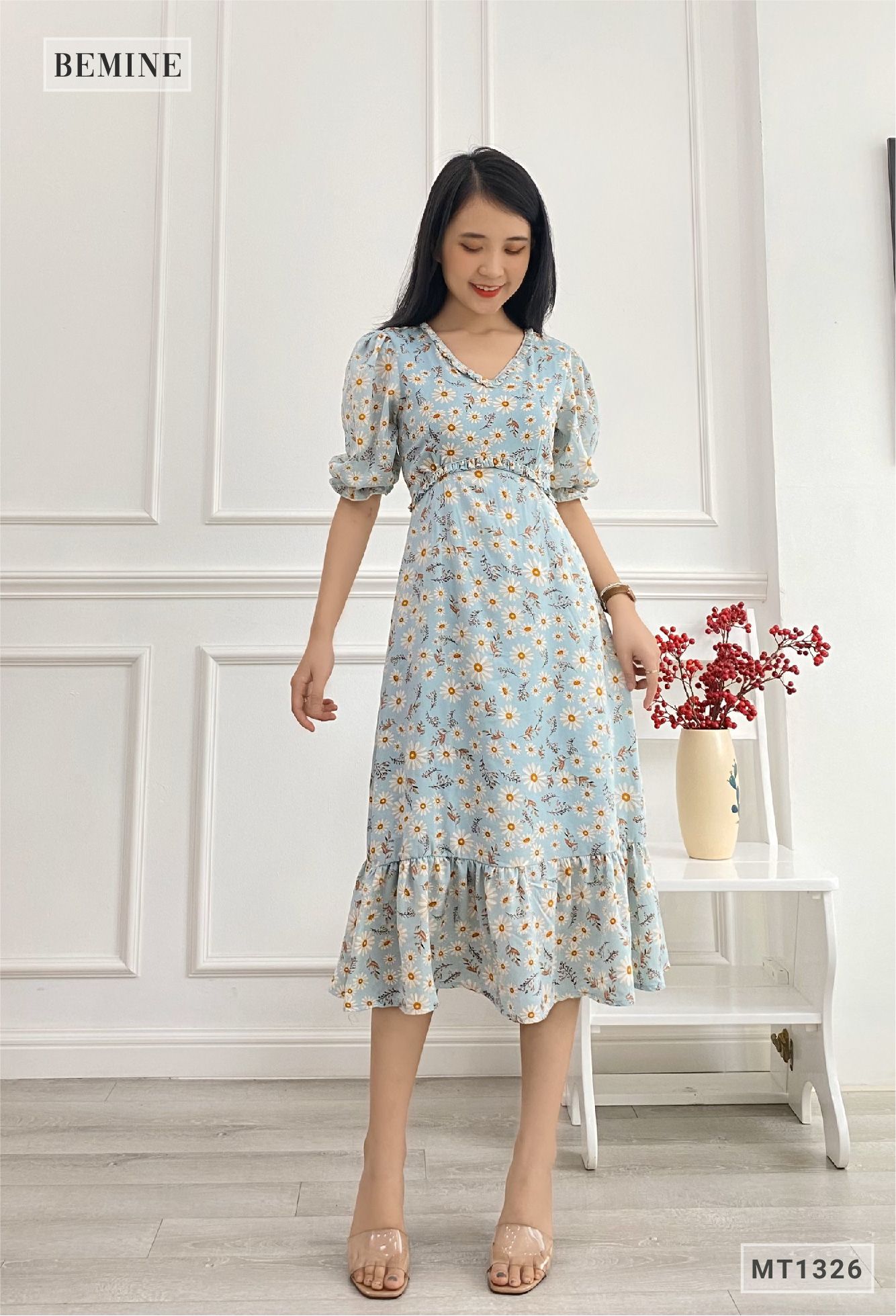 MT1326XANH - Đầm bèo cổ đuôi cá