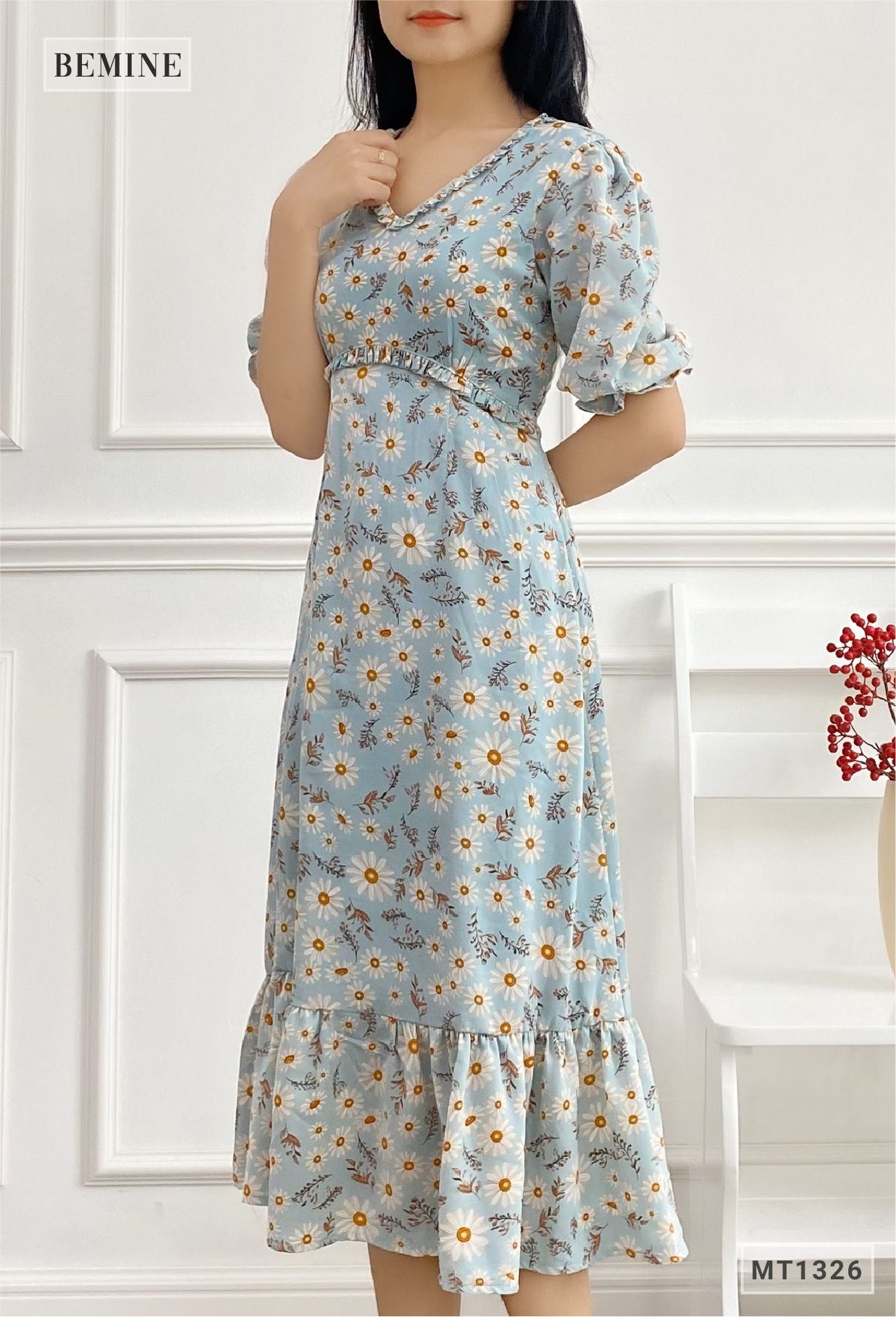 MT1326XANH - Đầm bèo cổ đuôi cá