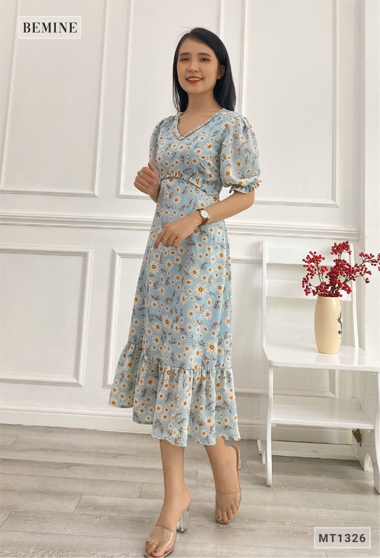 MT1326XANH - Đầm bèo cổ đuôi cá