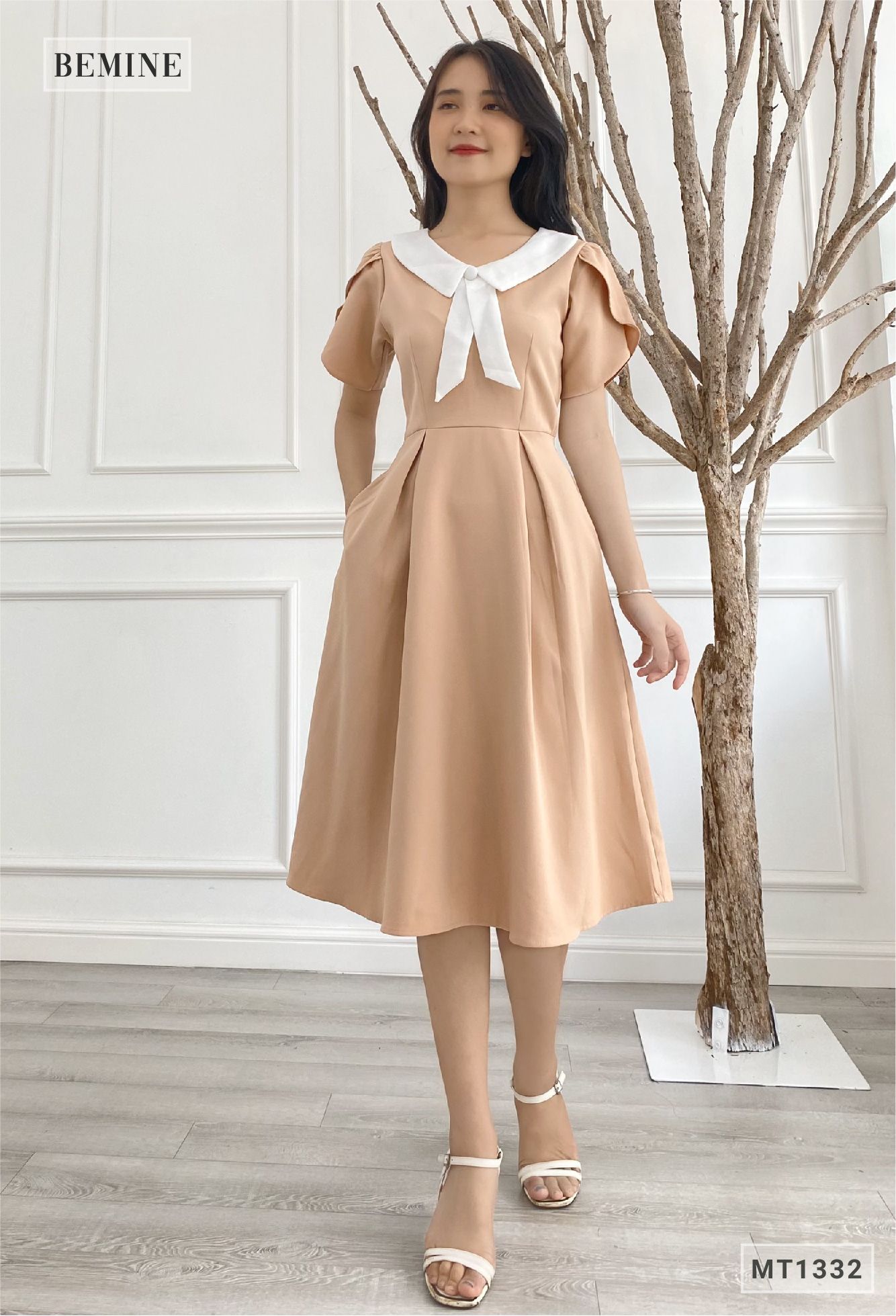 MT1332DA - Đầm xòe cổ phối có nơ