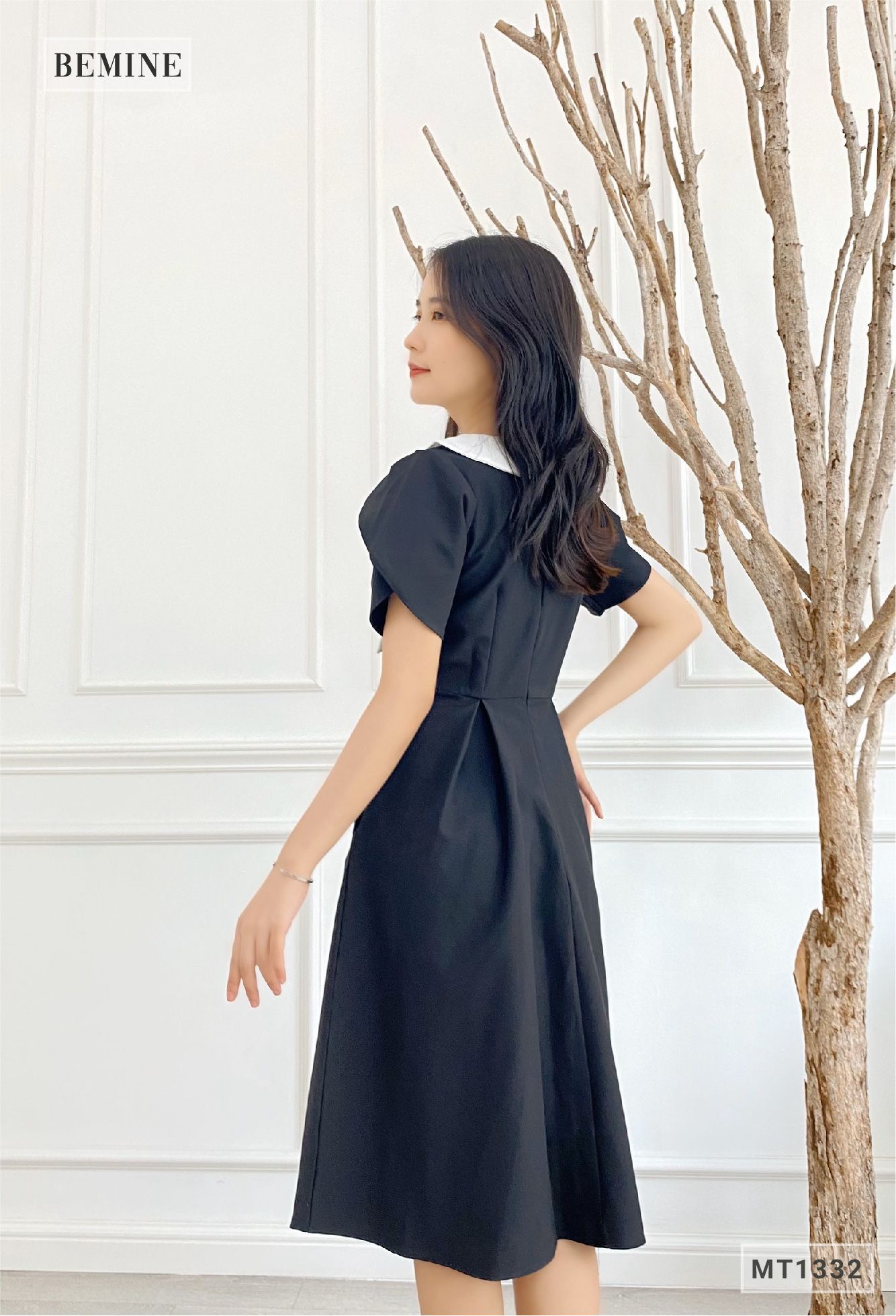 MT1332DEN - Đầm xòe cổ phối có nơ