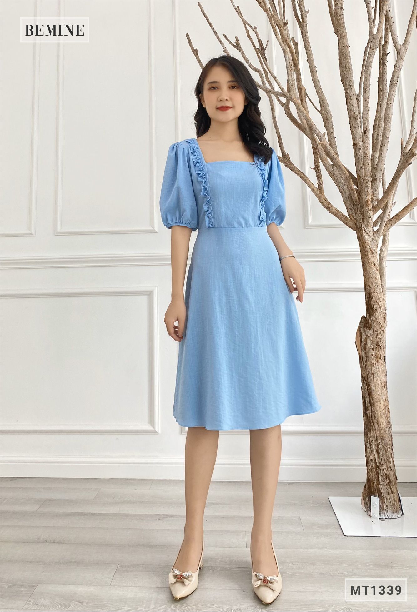 MT1339XANH - Đầm bèo cổ tay phồng