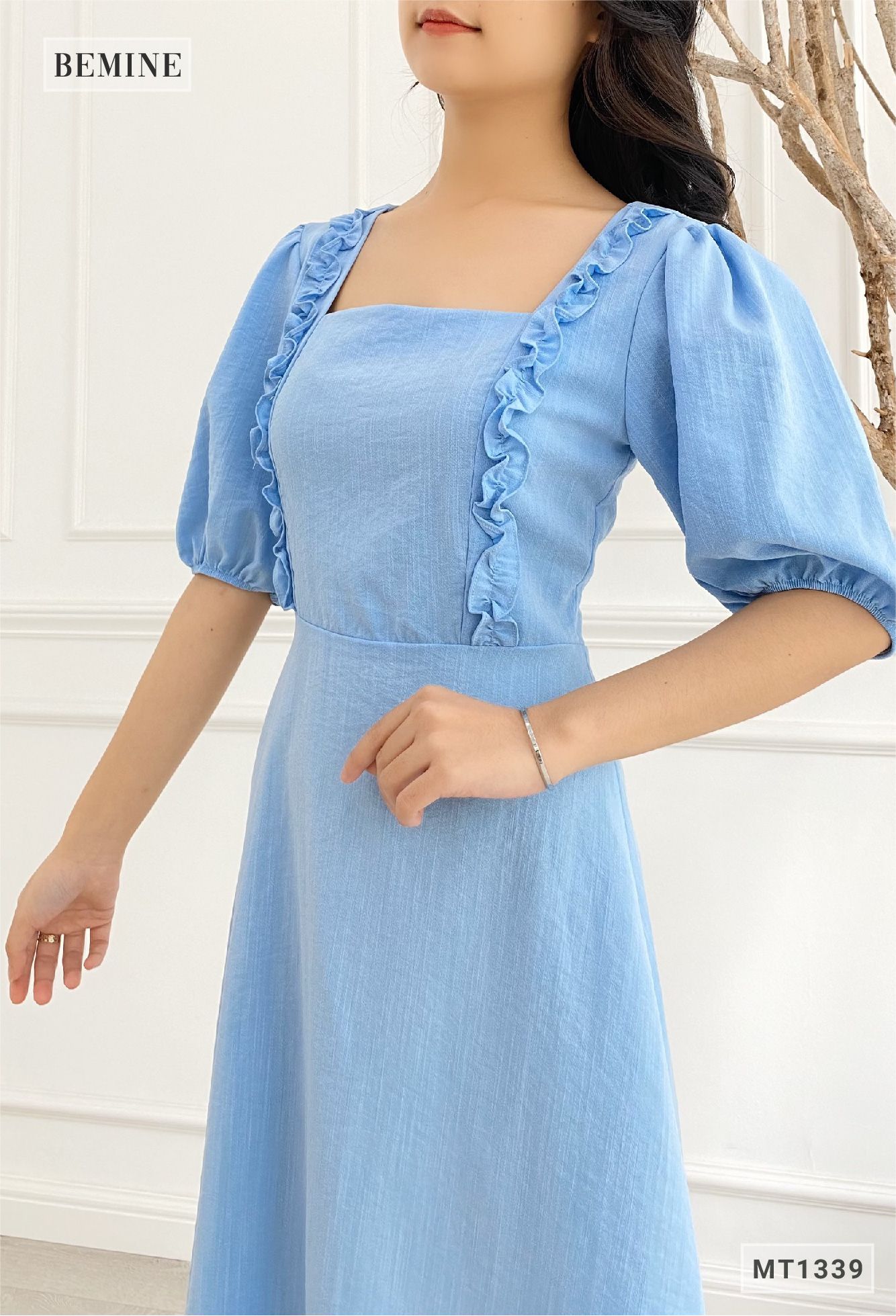 MT1339XANH - Đầm bèo cổ tay phồng