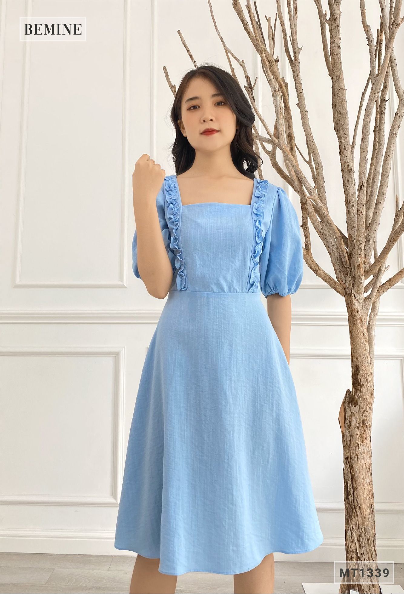 MT1339XANH - Đầm bèo cổ tay phồng