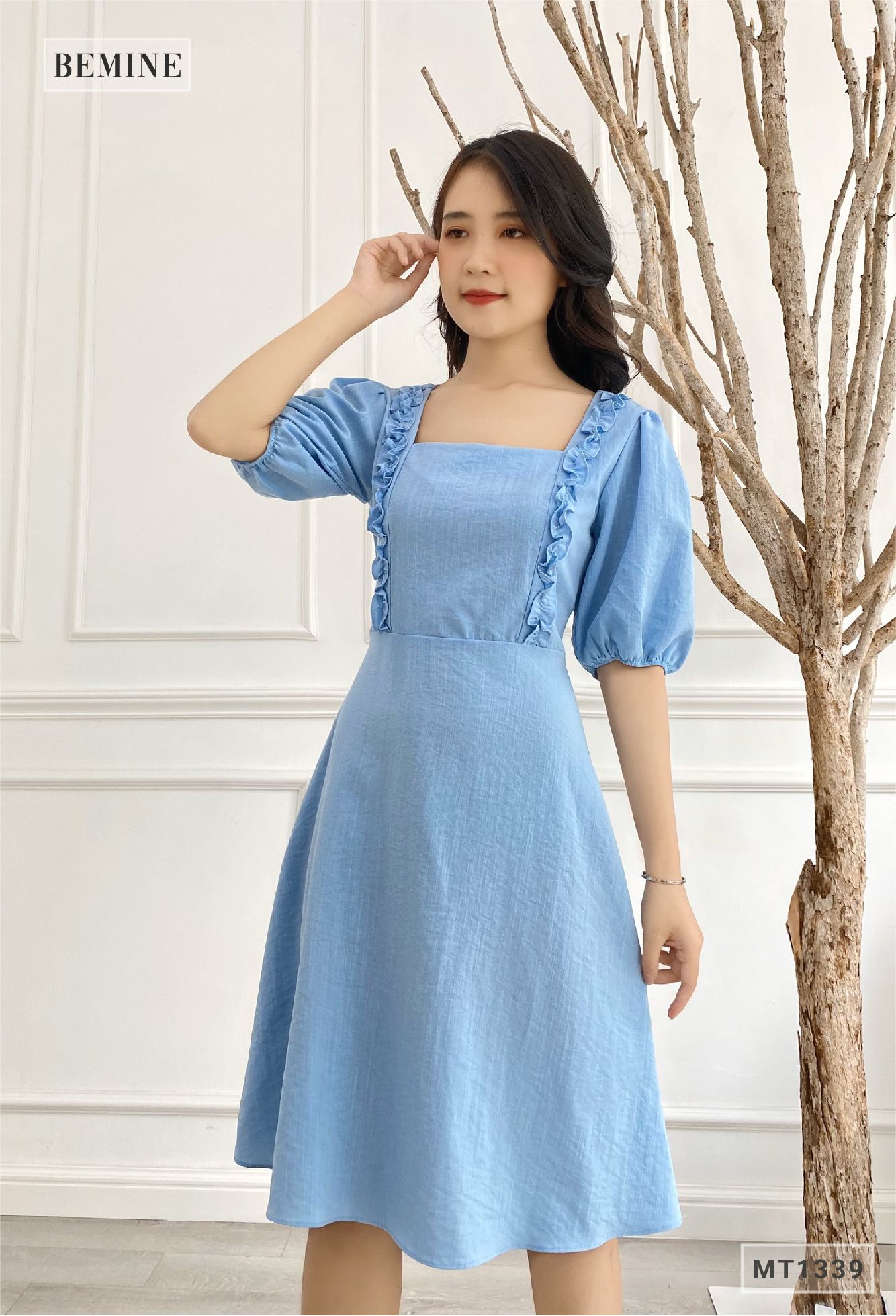 MT1339XANH - Đầm bèo cổ tay phồng