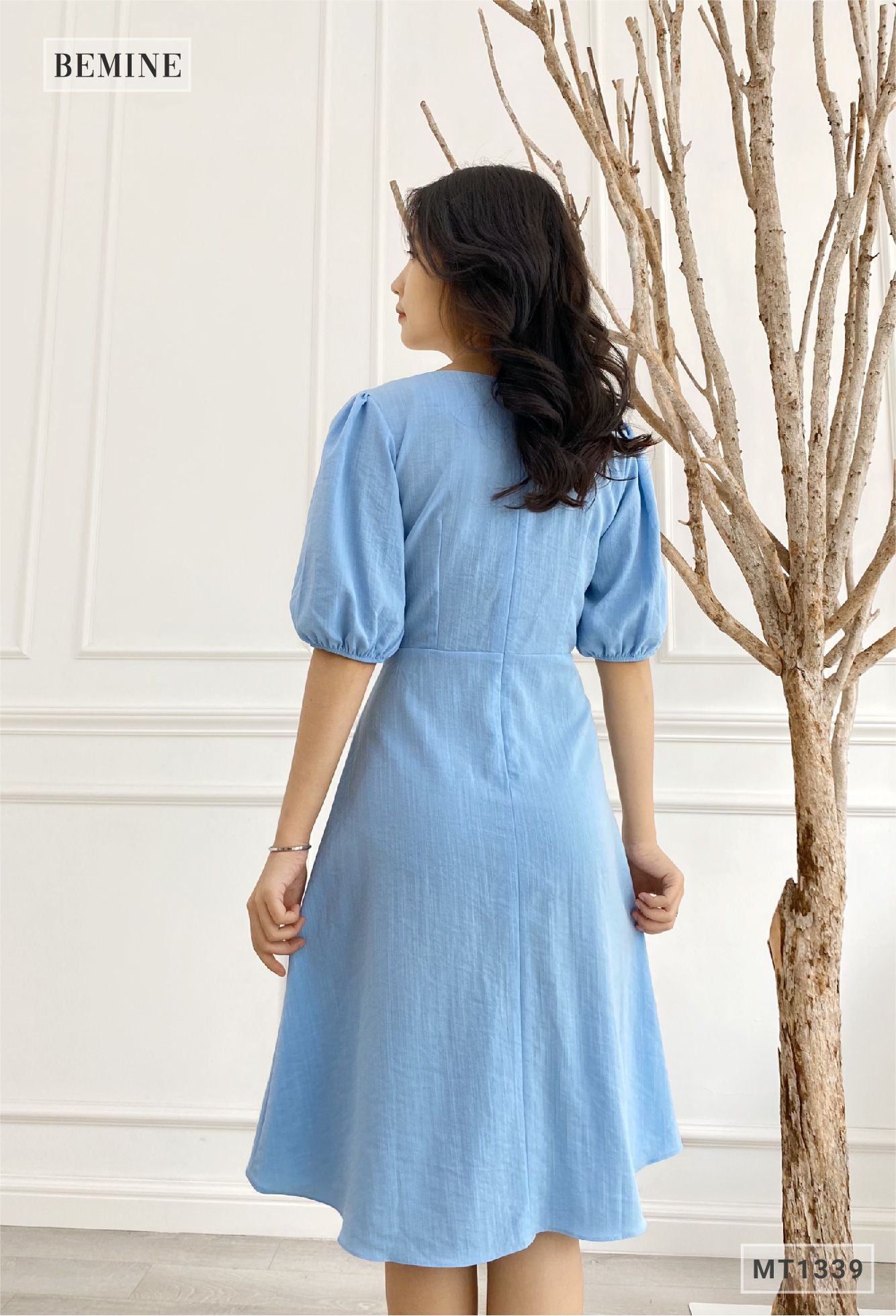 MT1339XANH - Đầm bèo cổ tay phồng