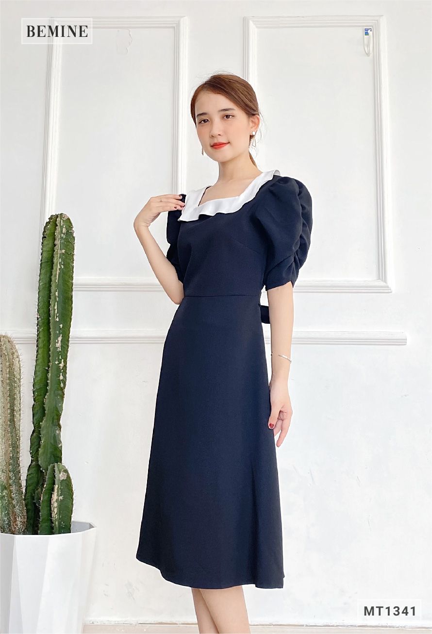 MT1341DEN - Đầm xòe cổ phối dây eo