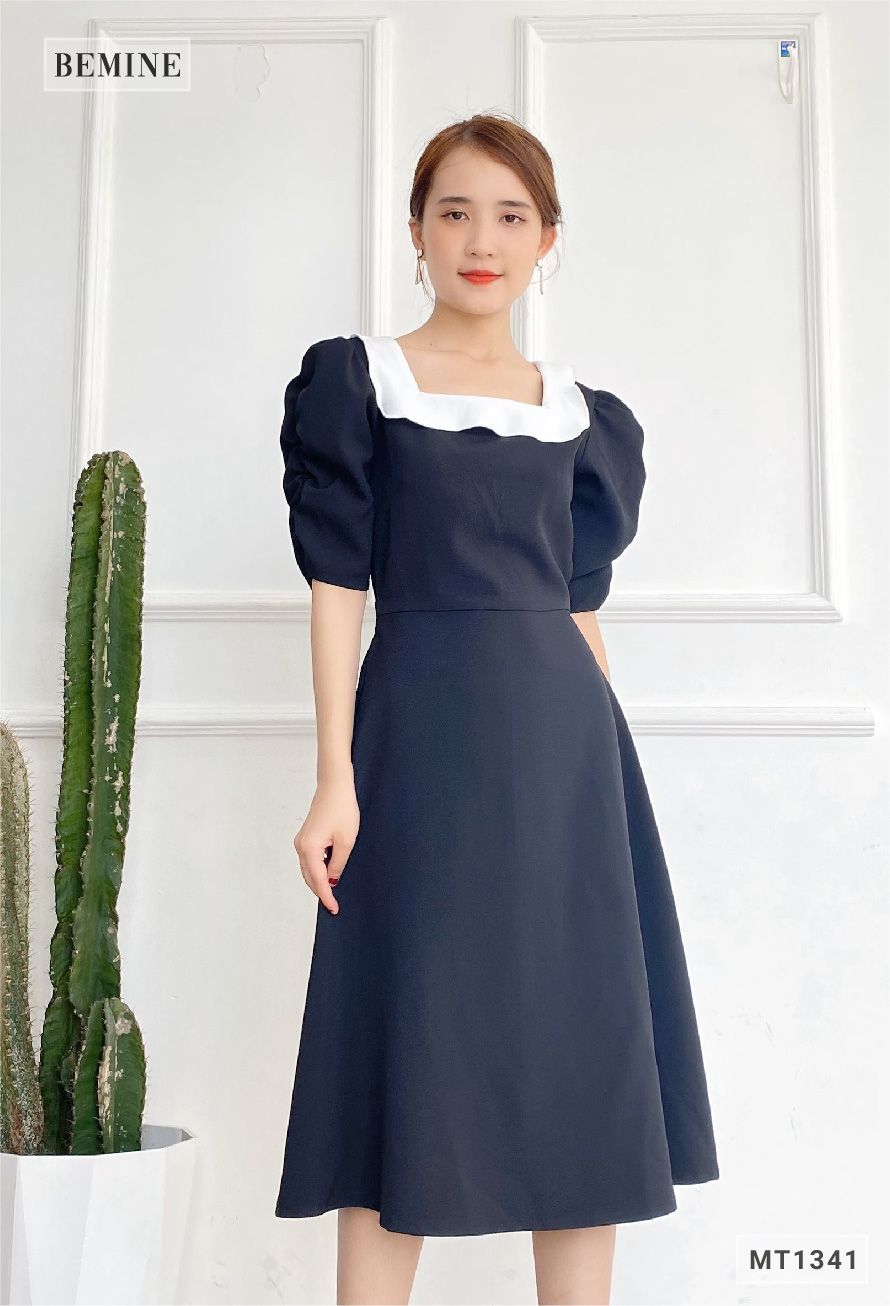 MT1341DEN - Đầm xòe cổ phối dây eo