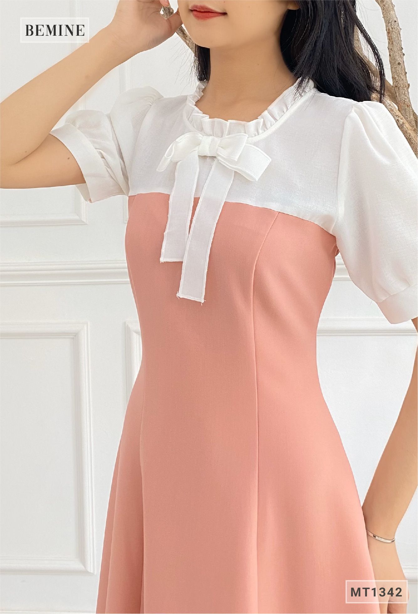 MT1342HONG - Đầm phối cổ tay có nơ