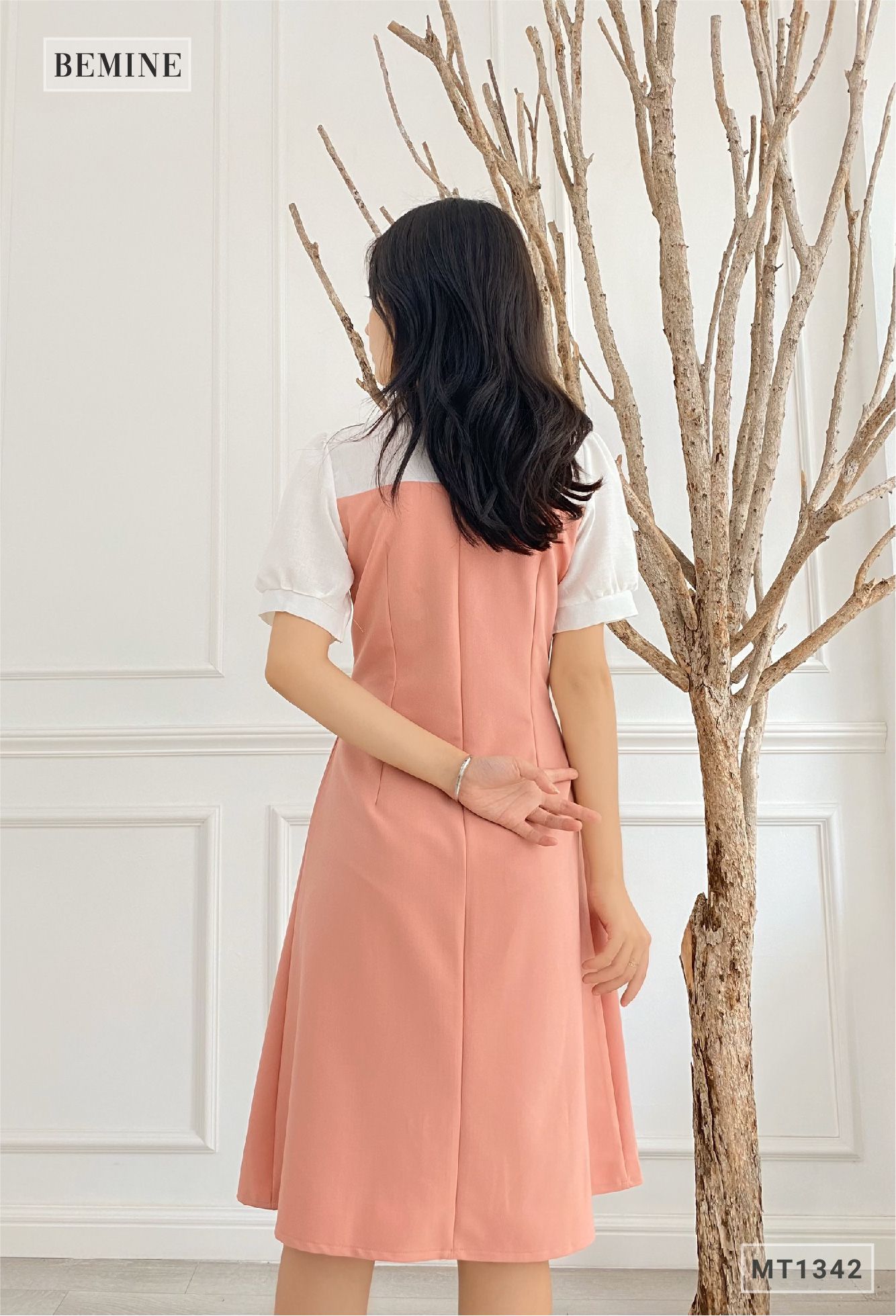 MT1342HONG - Đầm phối cổ tay có nơ