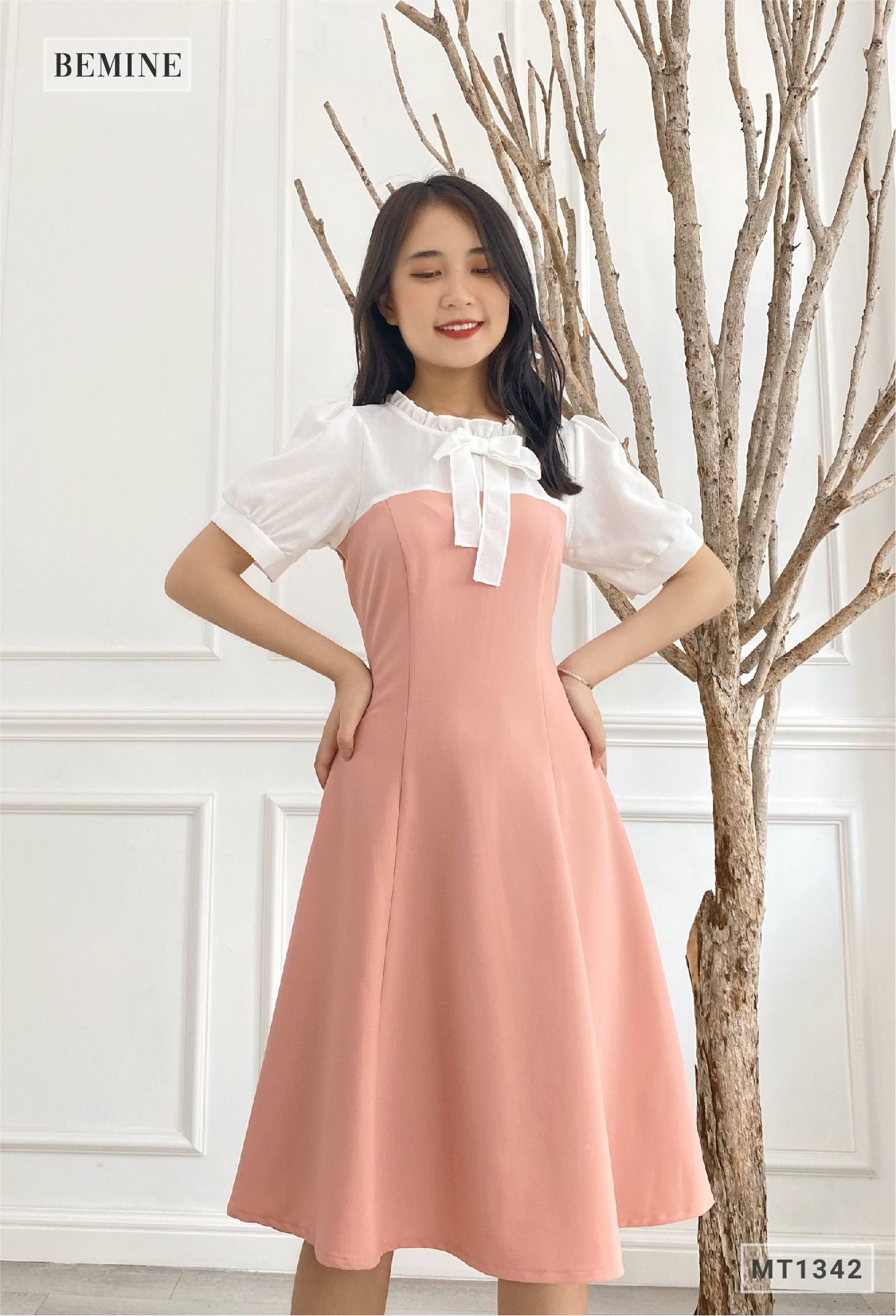 MT1342HONG - Đầm phối cổ tay có nơ