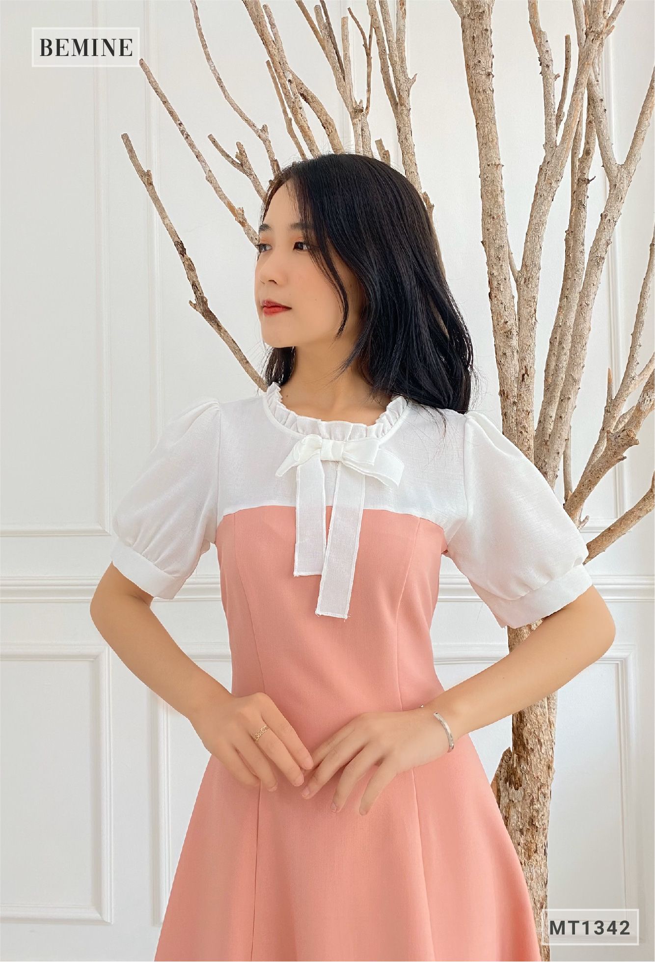MT1342HONG - Đầm phối cổ tay có nơ