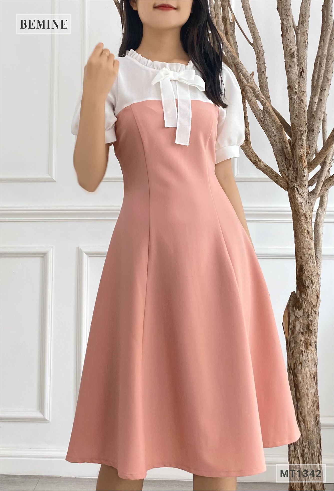 MT1342HONG - Đầm phối cổ tay có nơ