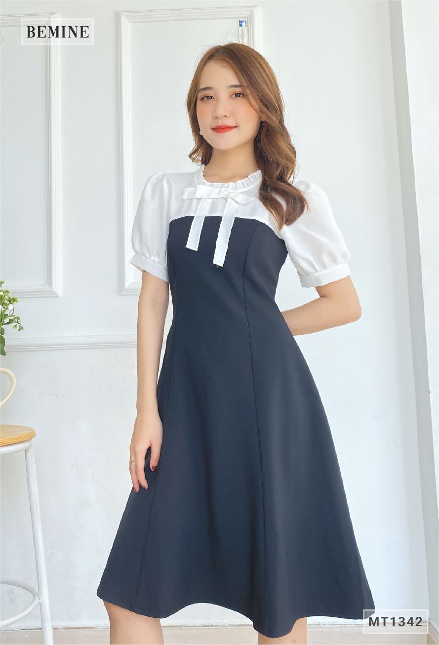 MT1342DEN - Đầm phối cổ tay có nơ