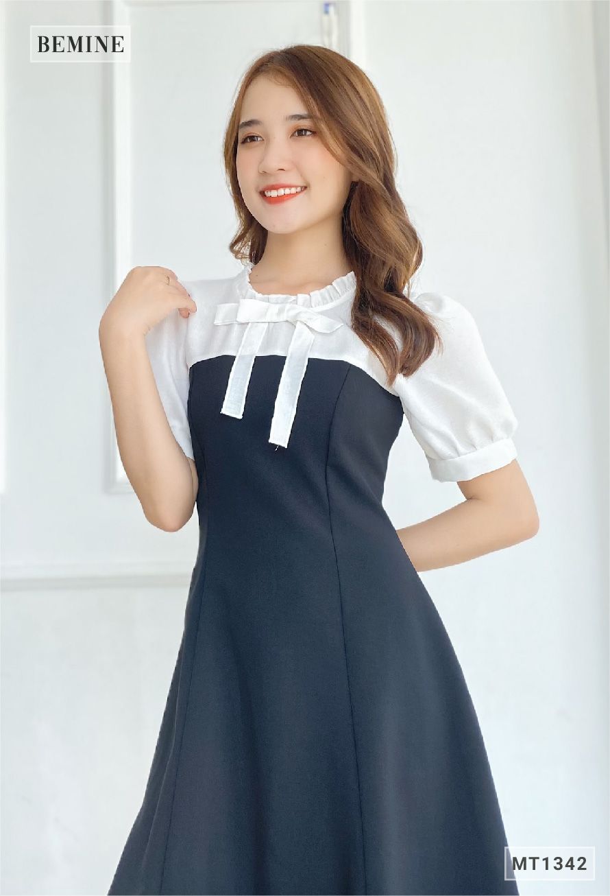 MT1342DEN - Đầm phối cổ tay có nơ