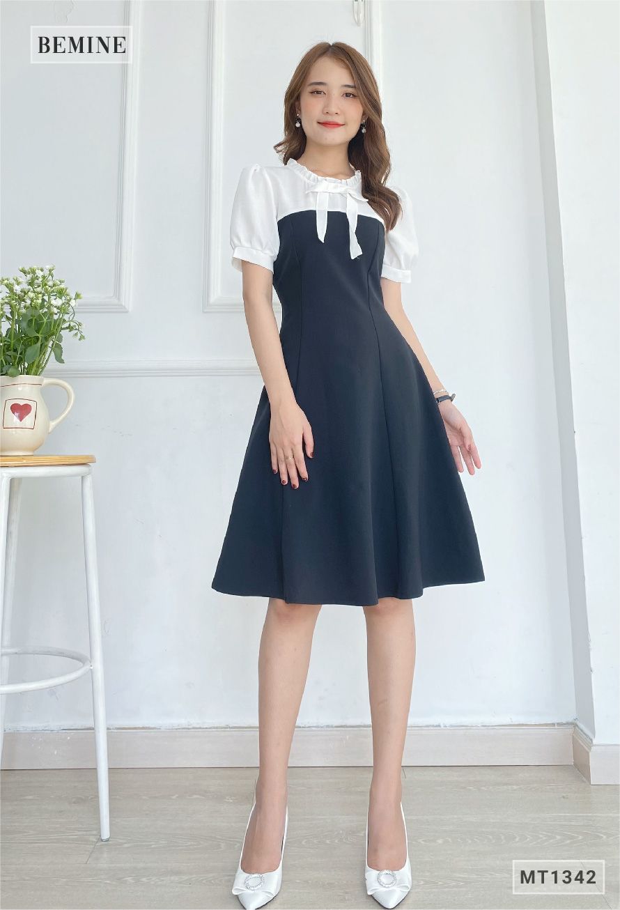 MT1342DEN - Đầm phối cổ tay có nơ
