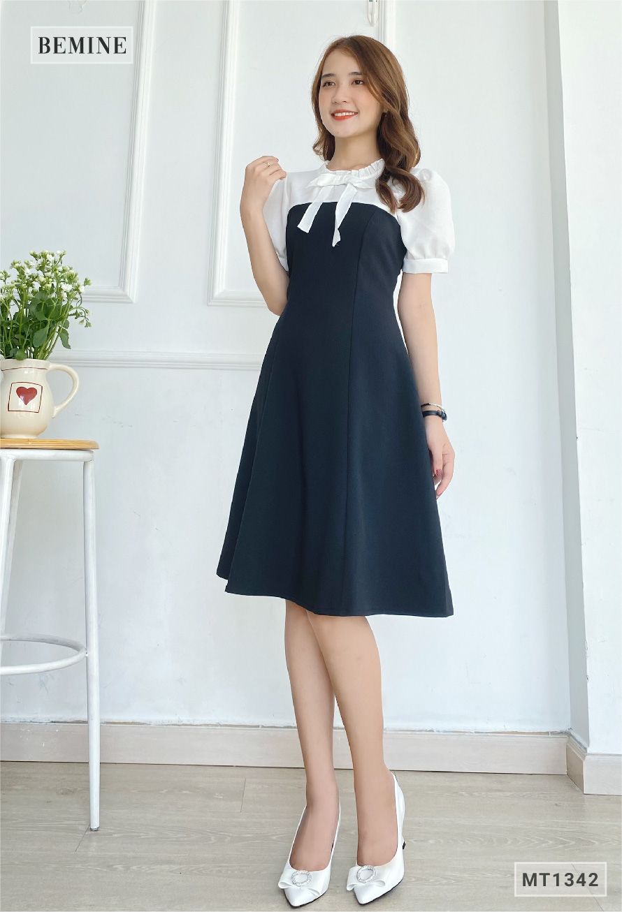MT1342DEN - Đầm phối cổ tay có nơ