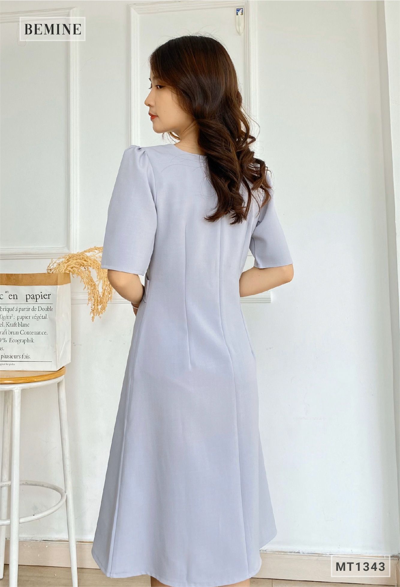 MT1343XAM - Đầm cổ vuông đính 2 nút eo