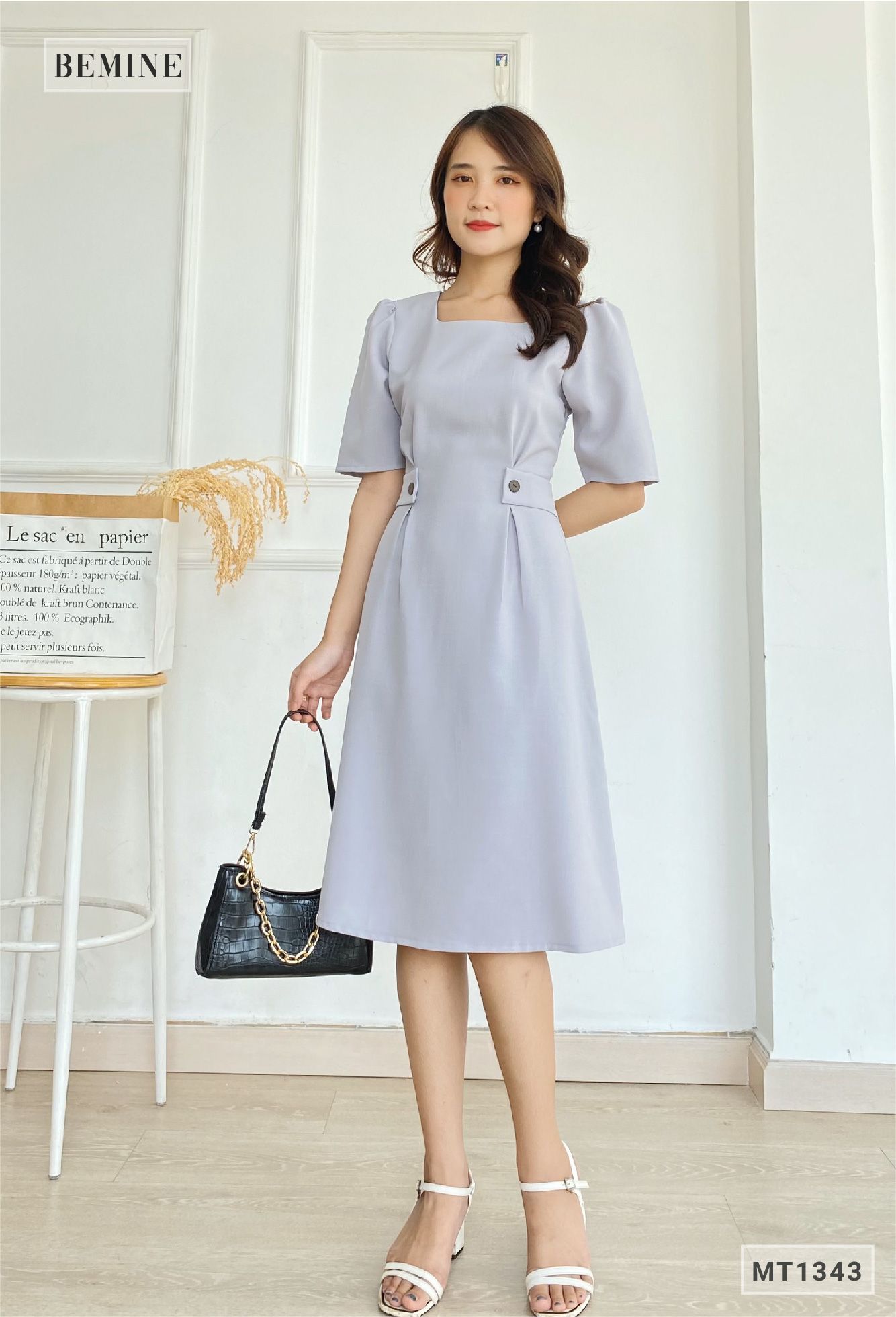 MT1343XAM - Đầm cổ vuông đính 2 nút eo