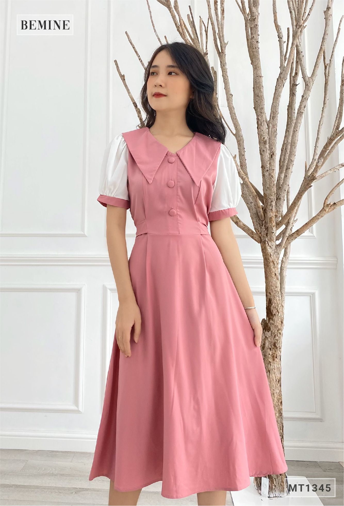 MT1345HONG - Đầm cổ sen phối tay dây eo