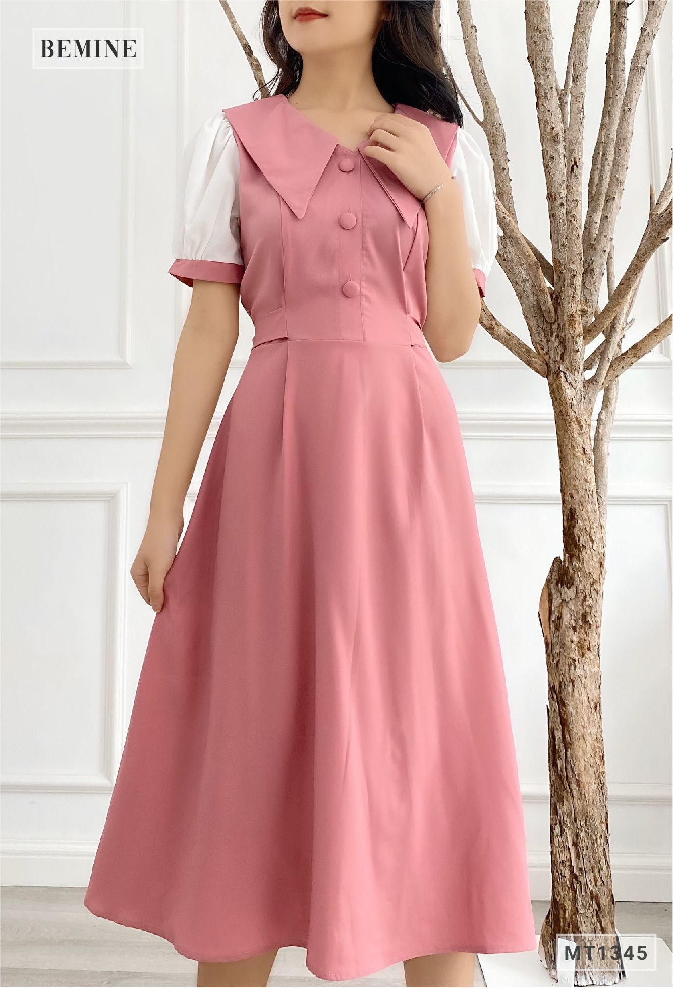 MT1345HONG - Đầm cổ sen phối tay dây eo