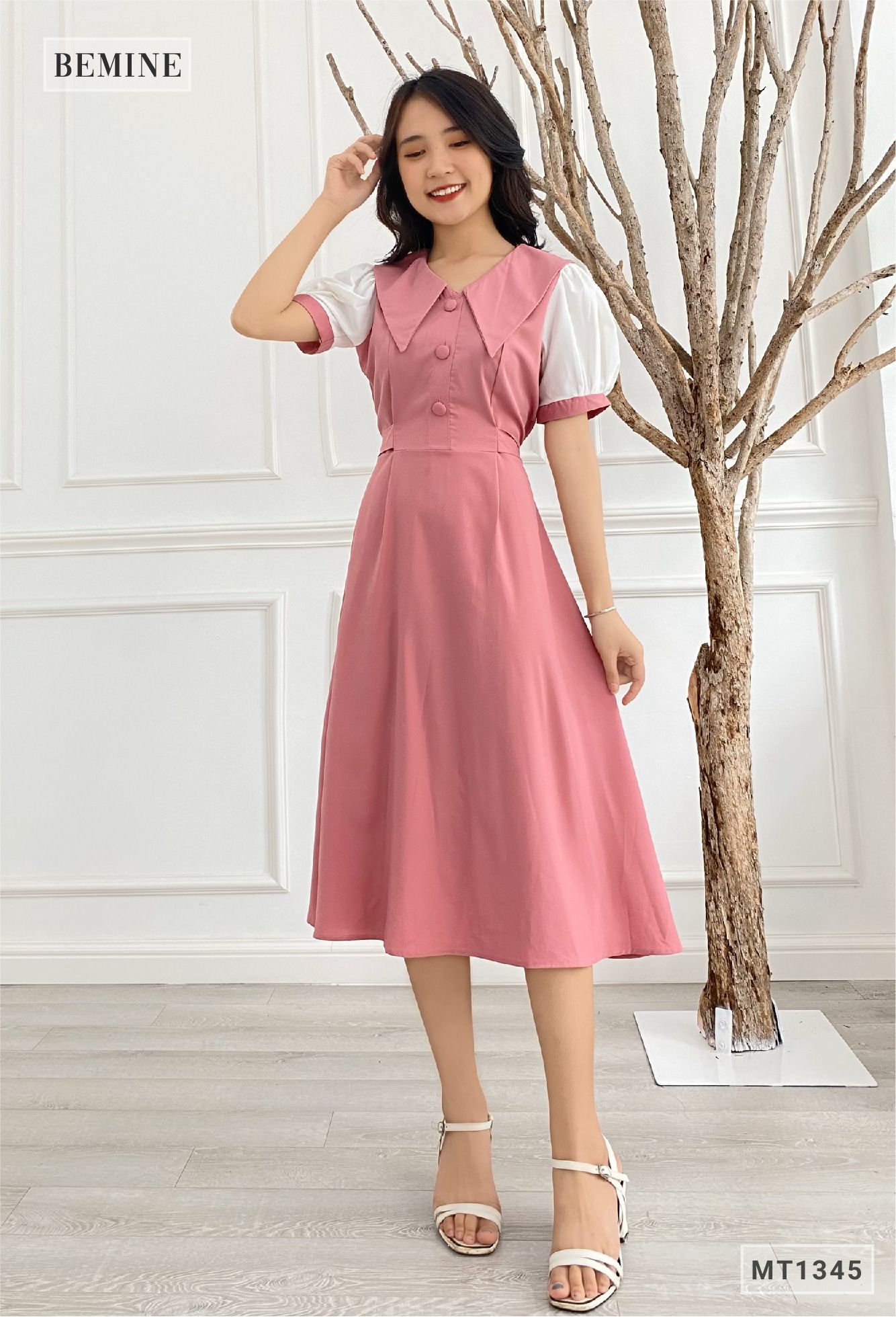 MT1345HONG - Đầm cổ sen phối tay dây eo