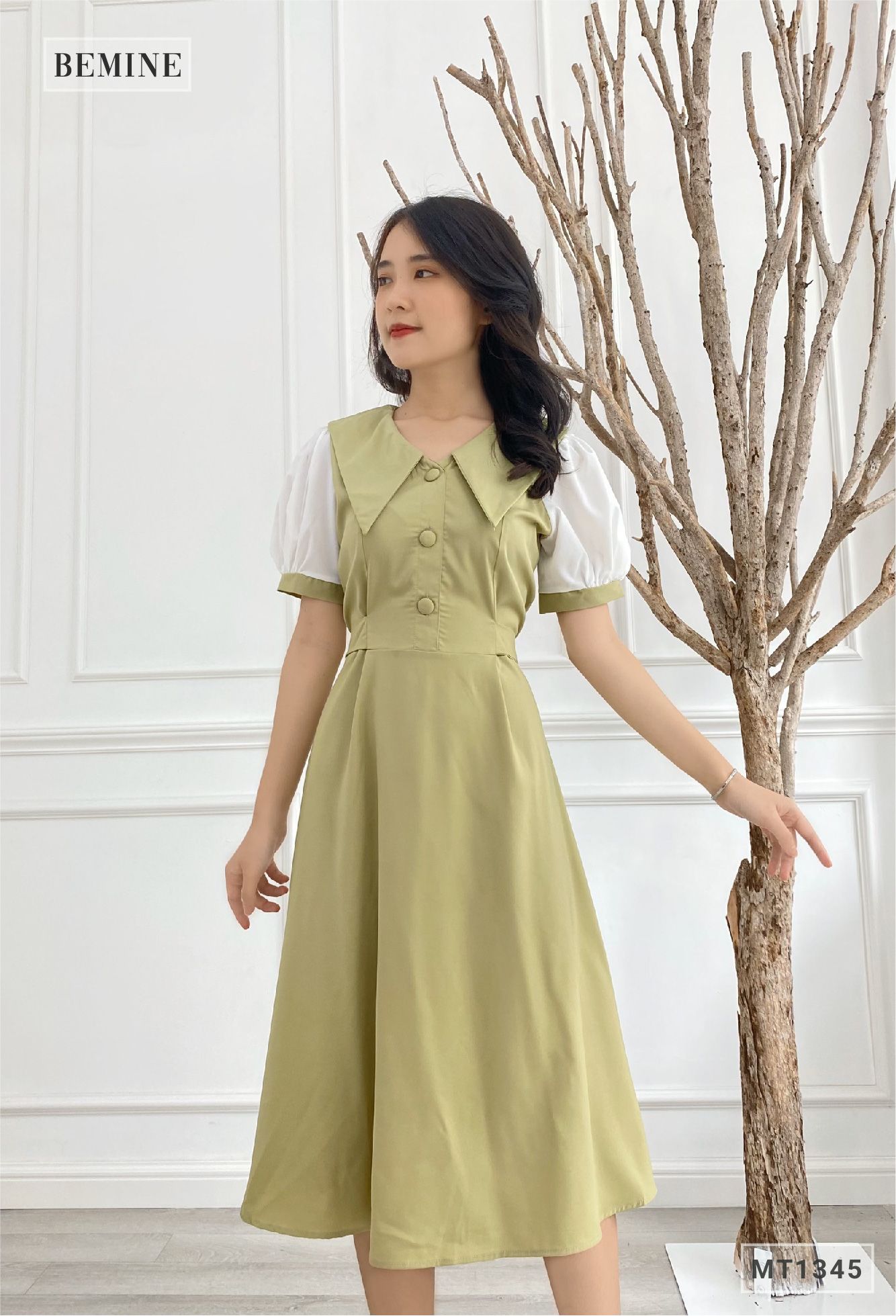 MT1345XANH - Đầm cổ sen phối tay dây eo