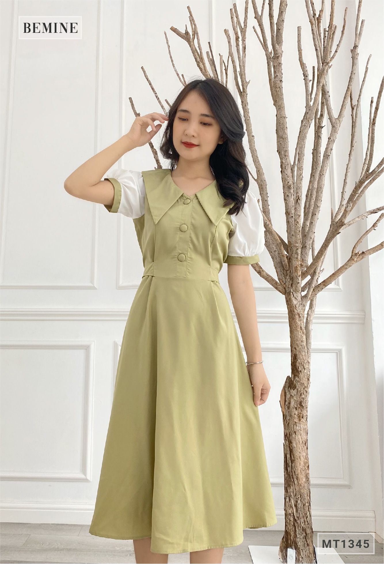 MT1345XANH - Đầm cổ sen phối tay dây eo