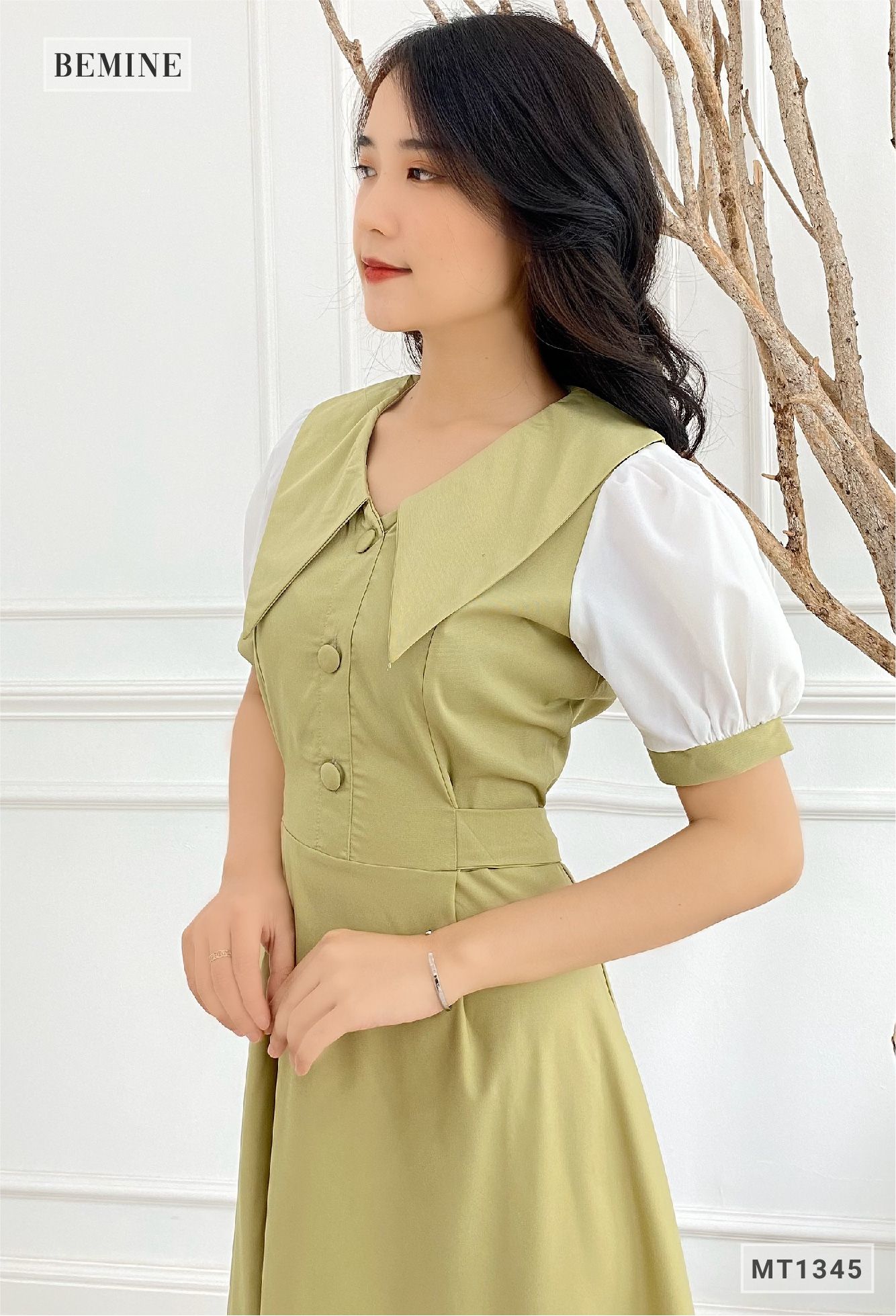 MT1345XANH - Đầm cổ sen phối tay dây eo