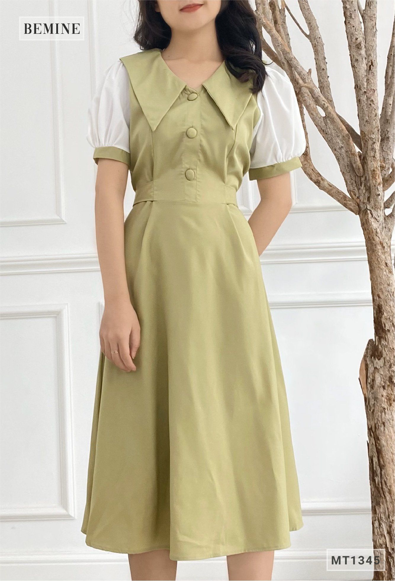 MT1345XANH - Đầm cổ sen phối tay dây eo