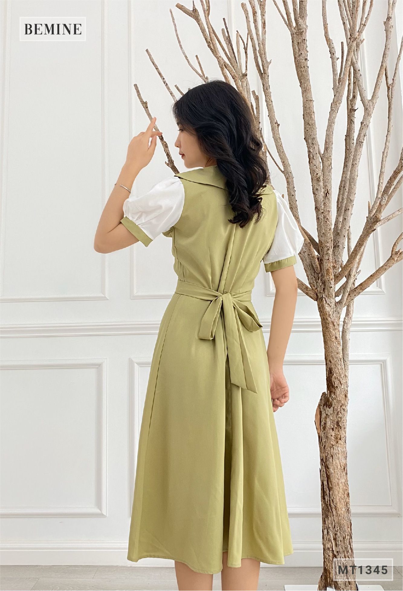 MT1345XANH - Đầm cổ sen phối tay dây eo