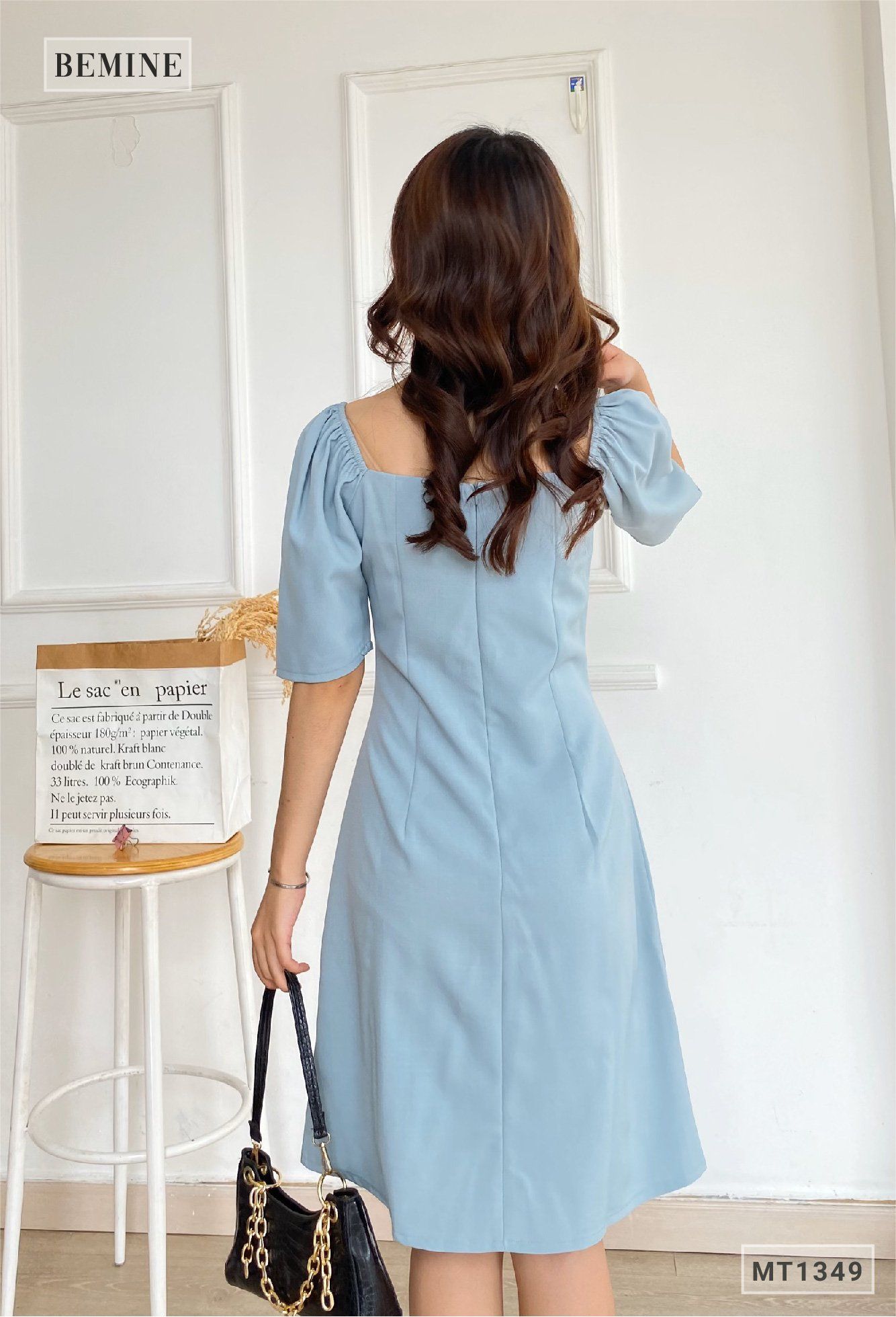 MT1349XANH - Đầm cổ vuông đính nút