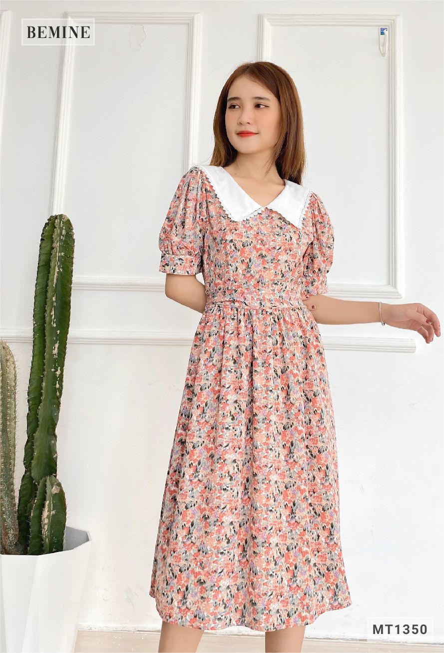 MT1350HONG - Đầm hoa cổ phối dây cột eo