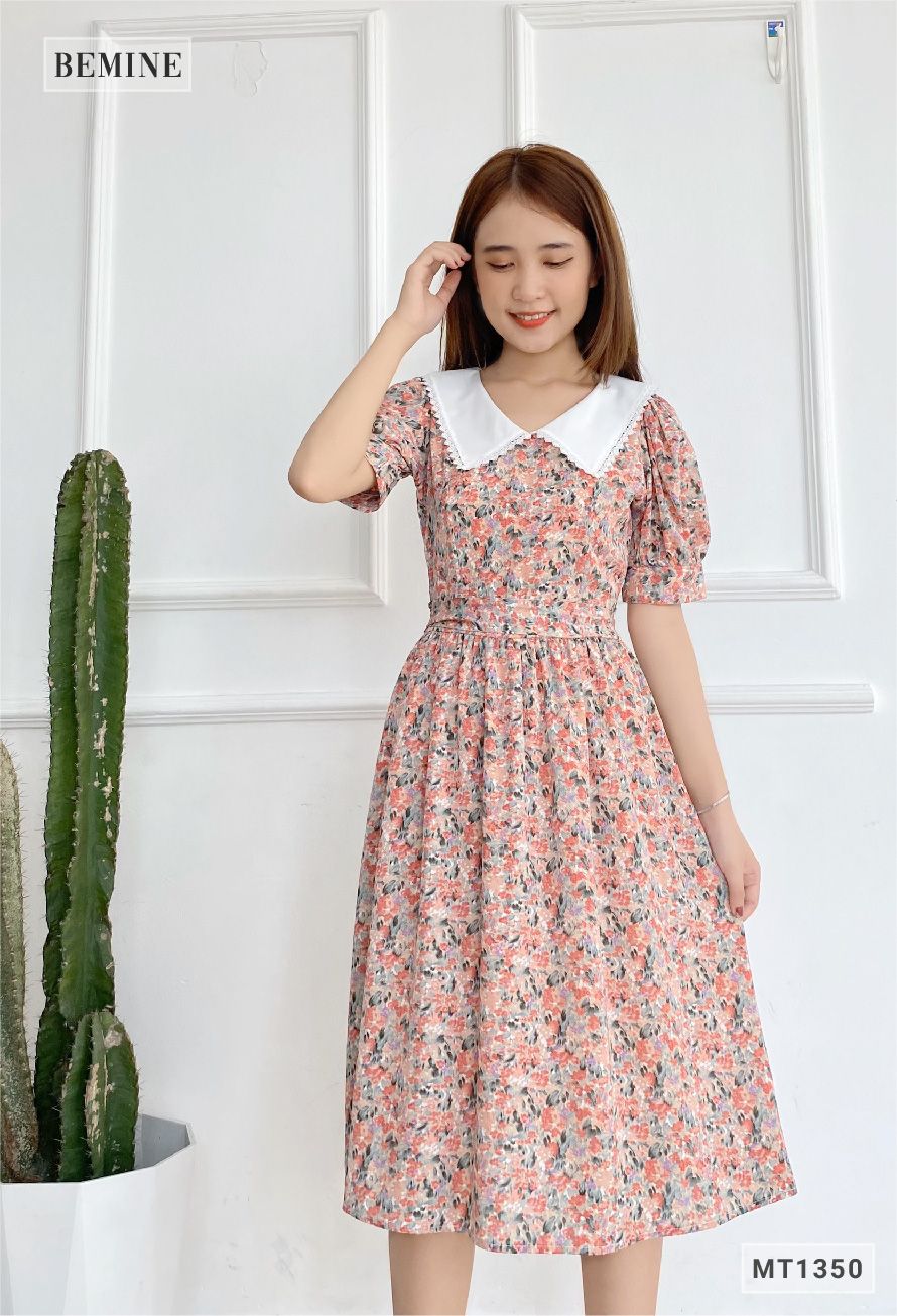 MT1350HONG - Đầm hoa cổ phối dây cột eo