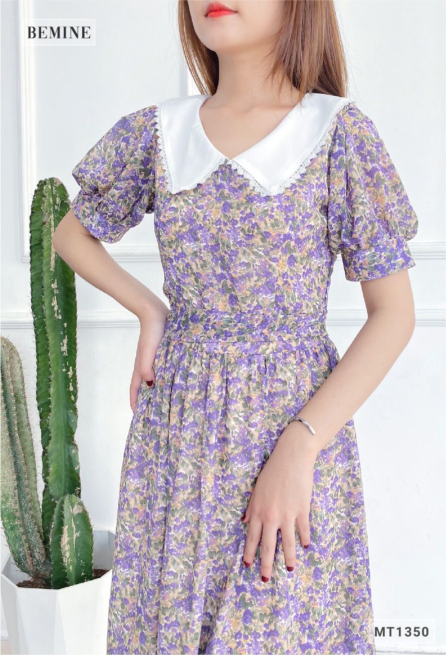 MT1350TIM - Đầm hoa cổ phối dây cột eo