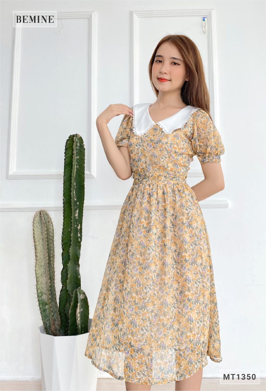 MT1350VANG - Đầm hoa cổ phối dây cột eo