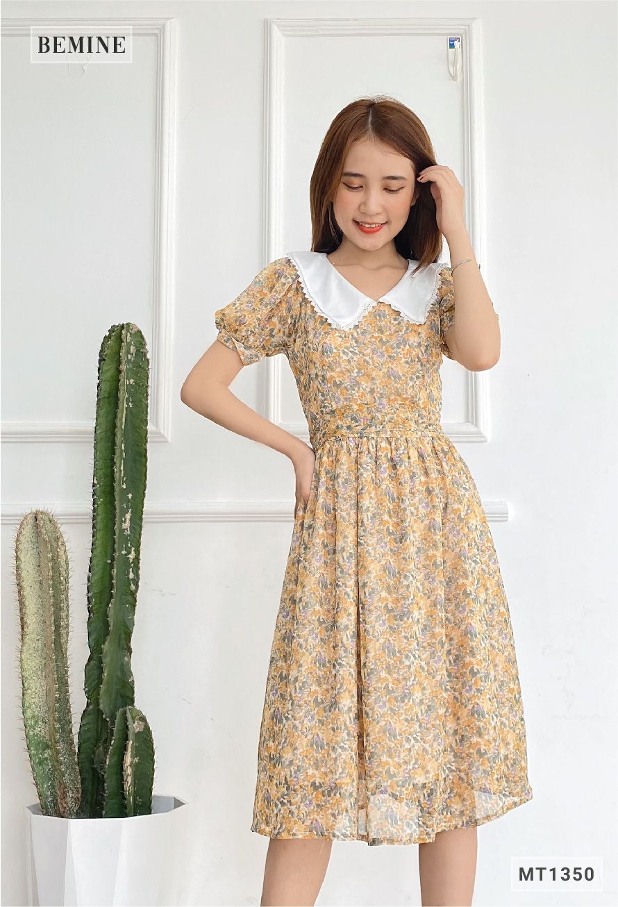 MT1350VANG - Đầm hoa cổ phối dây cột eo