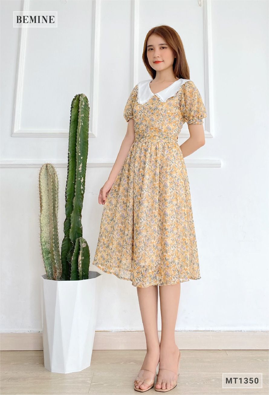 MT1350VANG - Đầm hoa cổ phối dây cột eo