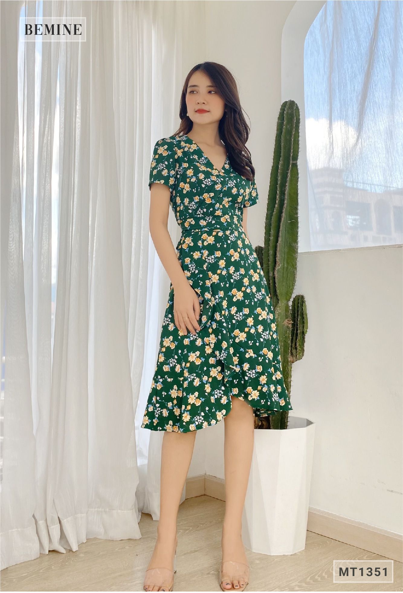 MT1351XANH - Đầm cổ đắp chéo cột eo