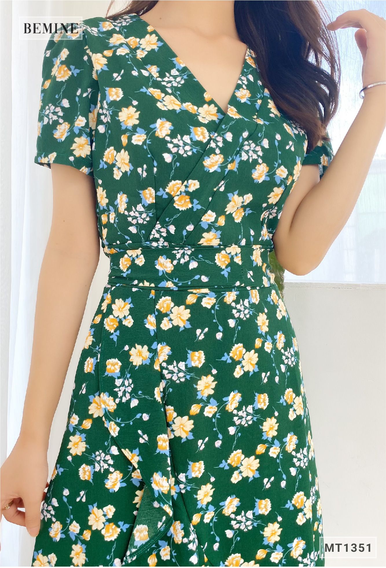 MT1351XANH - Đầm cổ đắp chéo cột eo
