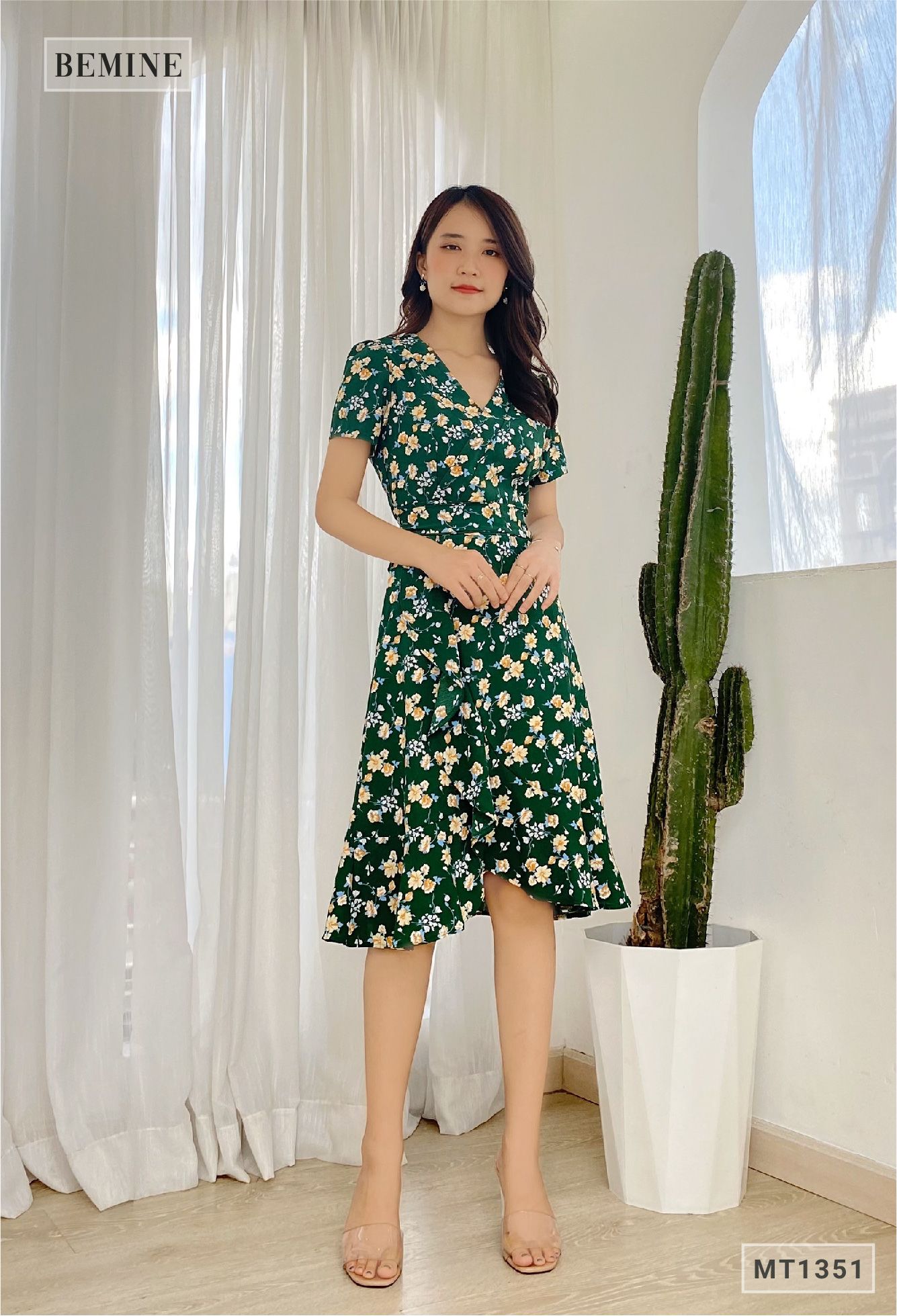 MT1351XANH - Đầm cổ đắp chéo cột eo